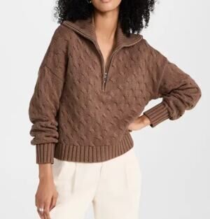 NSF Aminah Cable Knit 1/2 Zip Long Sleeve Sweater Pullover Brown Small